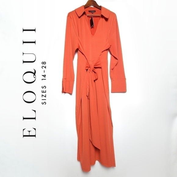 **HOST PICK**NWT ELOQUII Long-Sleeve Maxi Wrap Dress Faux French Cuff Tangerine - Picture 1 of 6